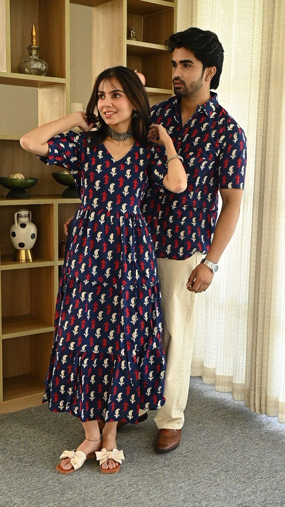 Couple Matching Navy Blue Cotton Anarkali Midi Dress and Shirt Set Red & White Abstract Print