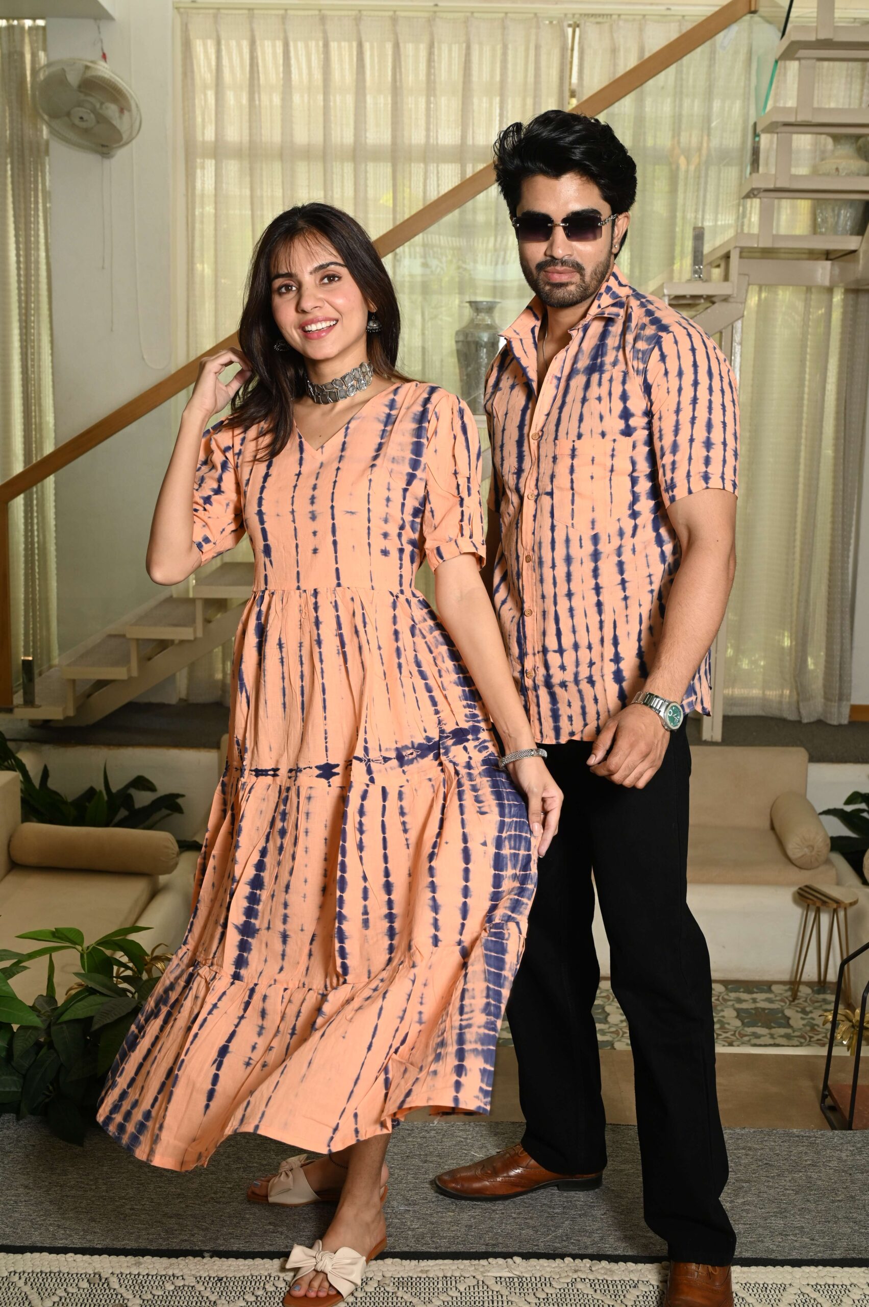 Couple Matching Peach Printed Cotton Anarkali Midi Dress & Shirt Set Summer Casual Wear - Image 3