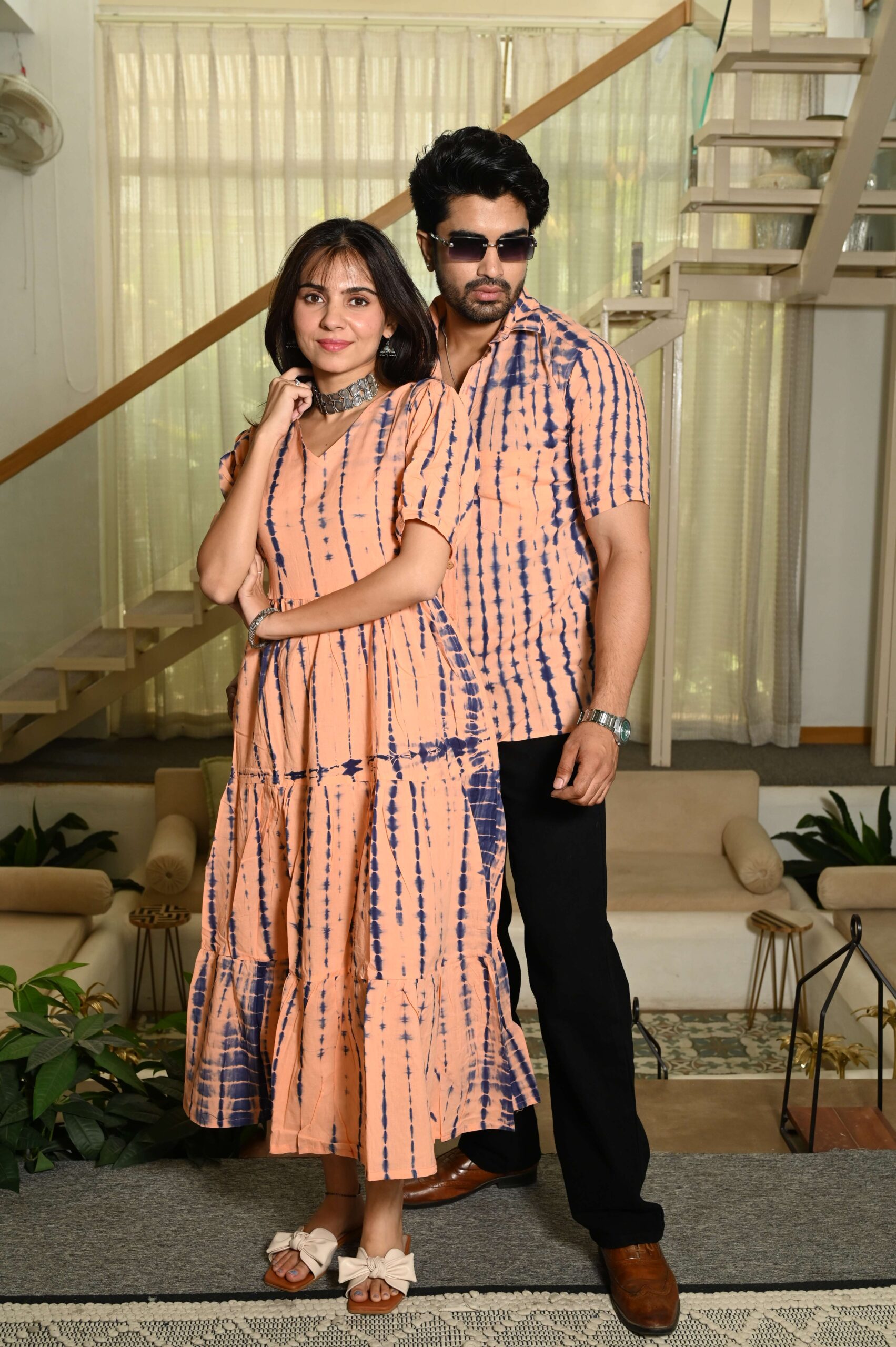 Couple Matching Peach Printed Cotton Anarkali Midi Dress & Shirt Set Summer Casual Wear