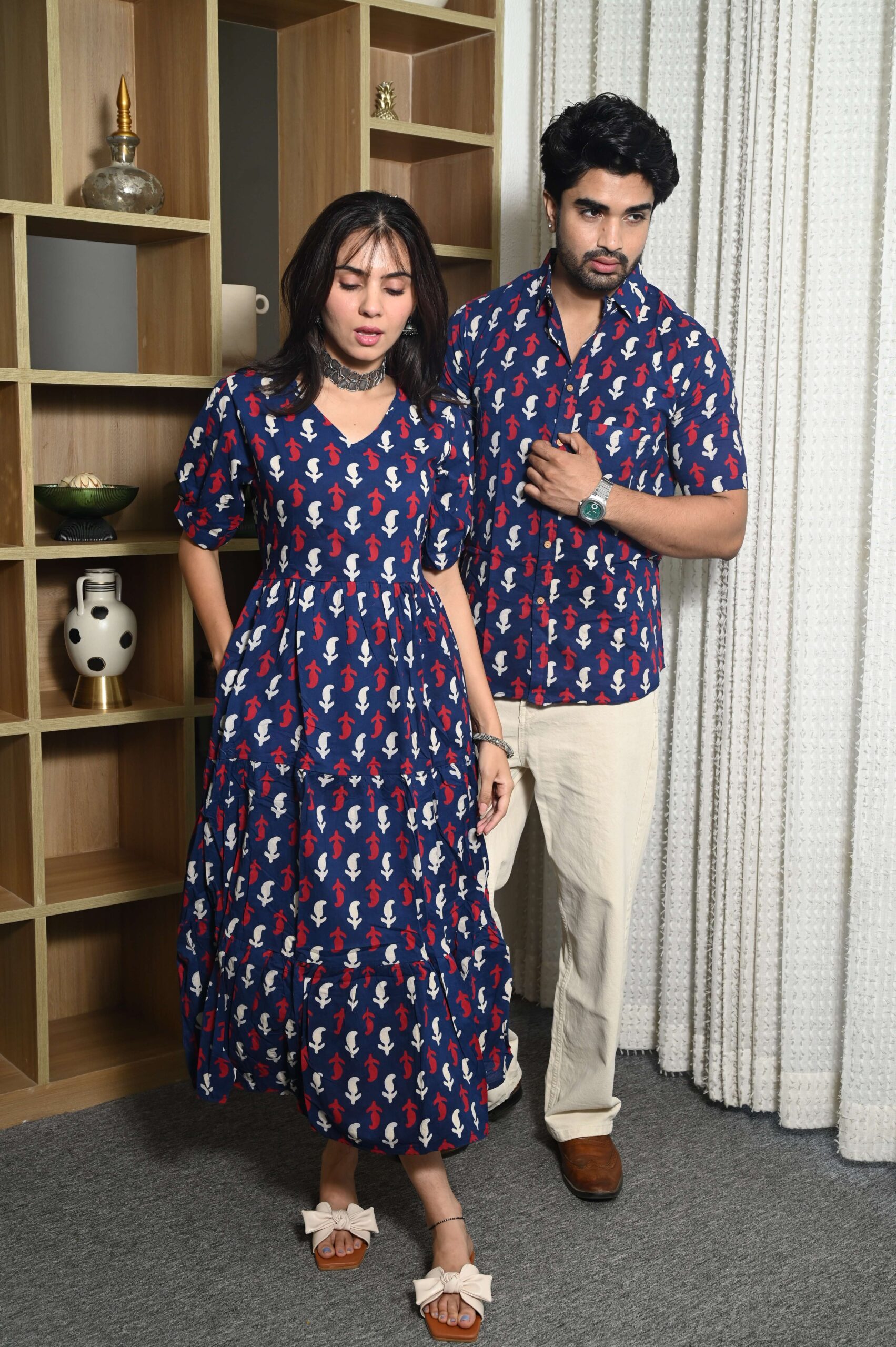 Couple Matching Navy Blue Cotton Anarkali Midi Dress and Shirt Set Red & White Abstract Print - Image 3