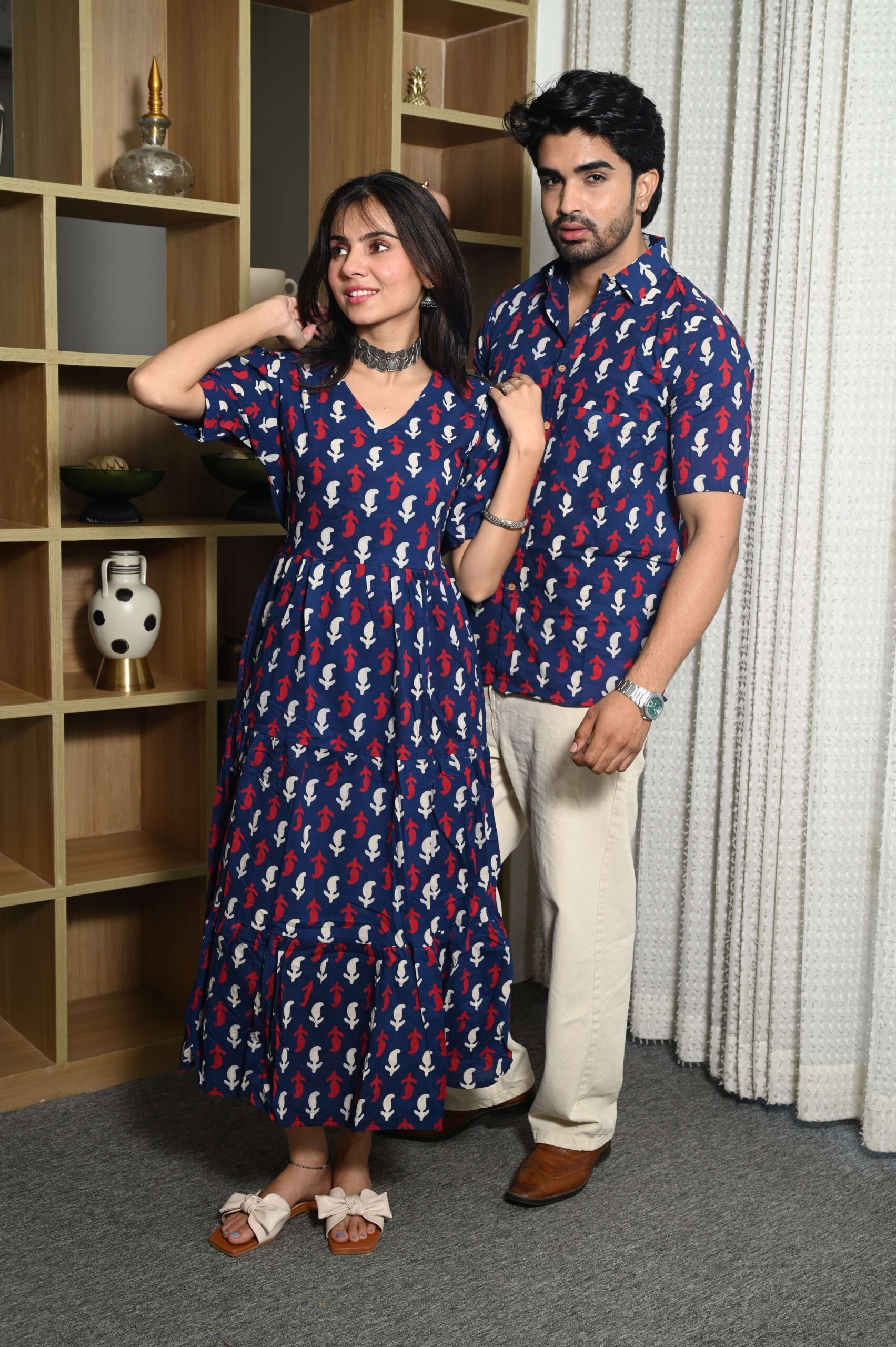 Couple Matching Navy Blue Cotton Anarkali Midi Dress and Shirt Set Red & White Abstract Print - Image 2
