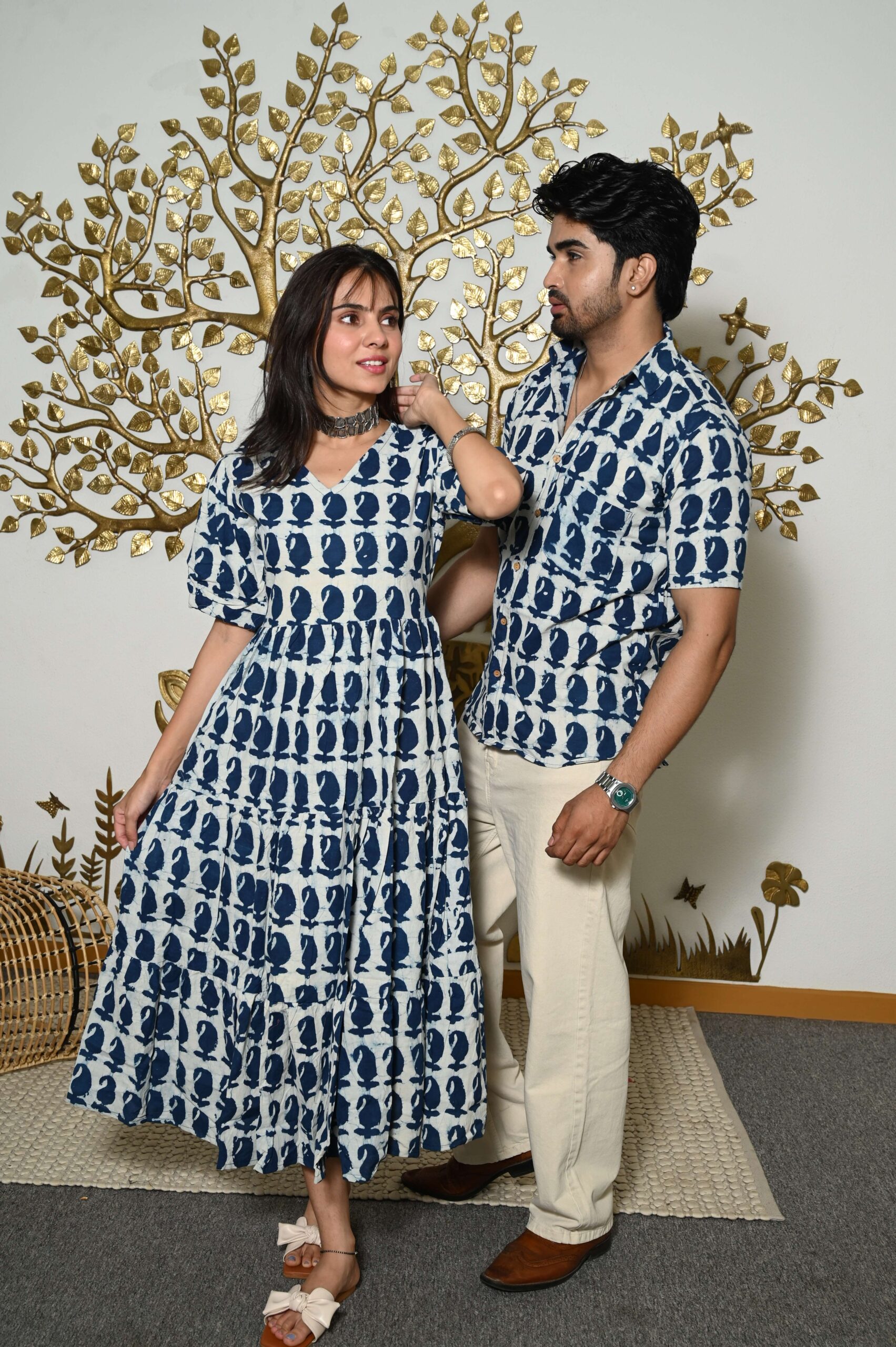 Couple Matching White And Blue Printed Cotton Anarkali Midi Dress & Shirt Set Summer Casual Wear