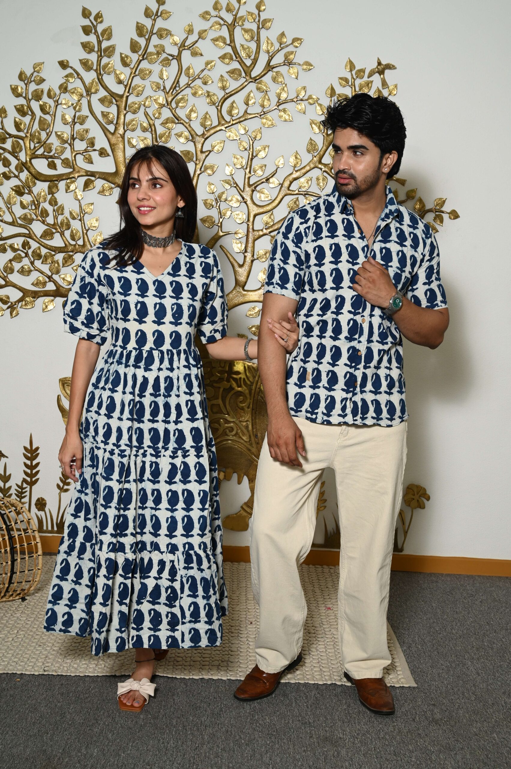Couple Matching White And Blue Printed Cotton Anarkali Midi Dress & Shirt Set Summer Casual Wear - Image 3