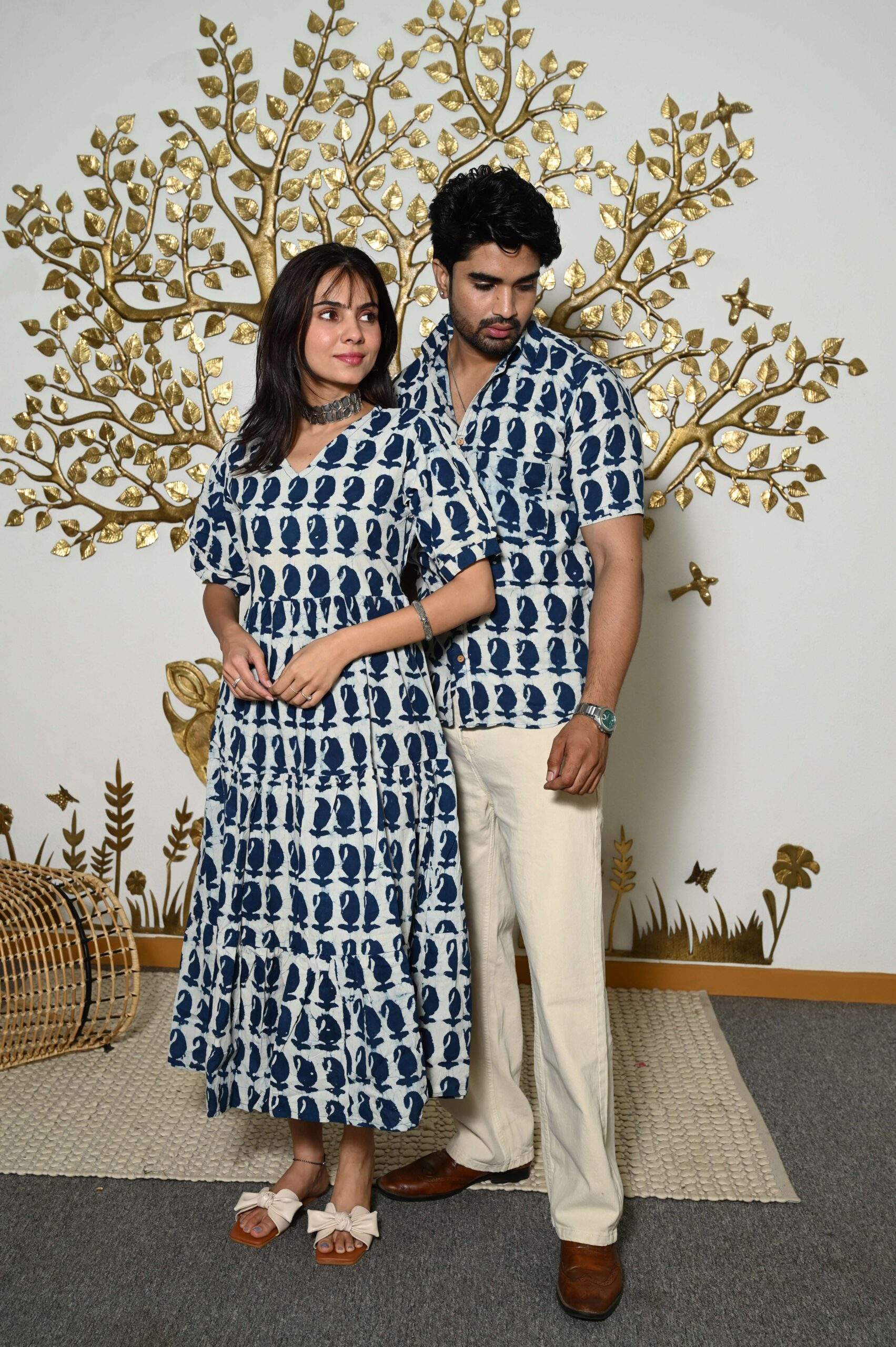 Couple Matching White And Blue Printed Cotton Anarkali Midi Dress & Shirt Set Summer Casual Wear - Image 2