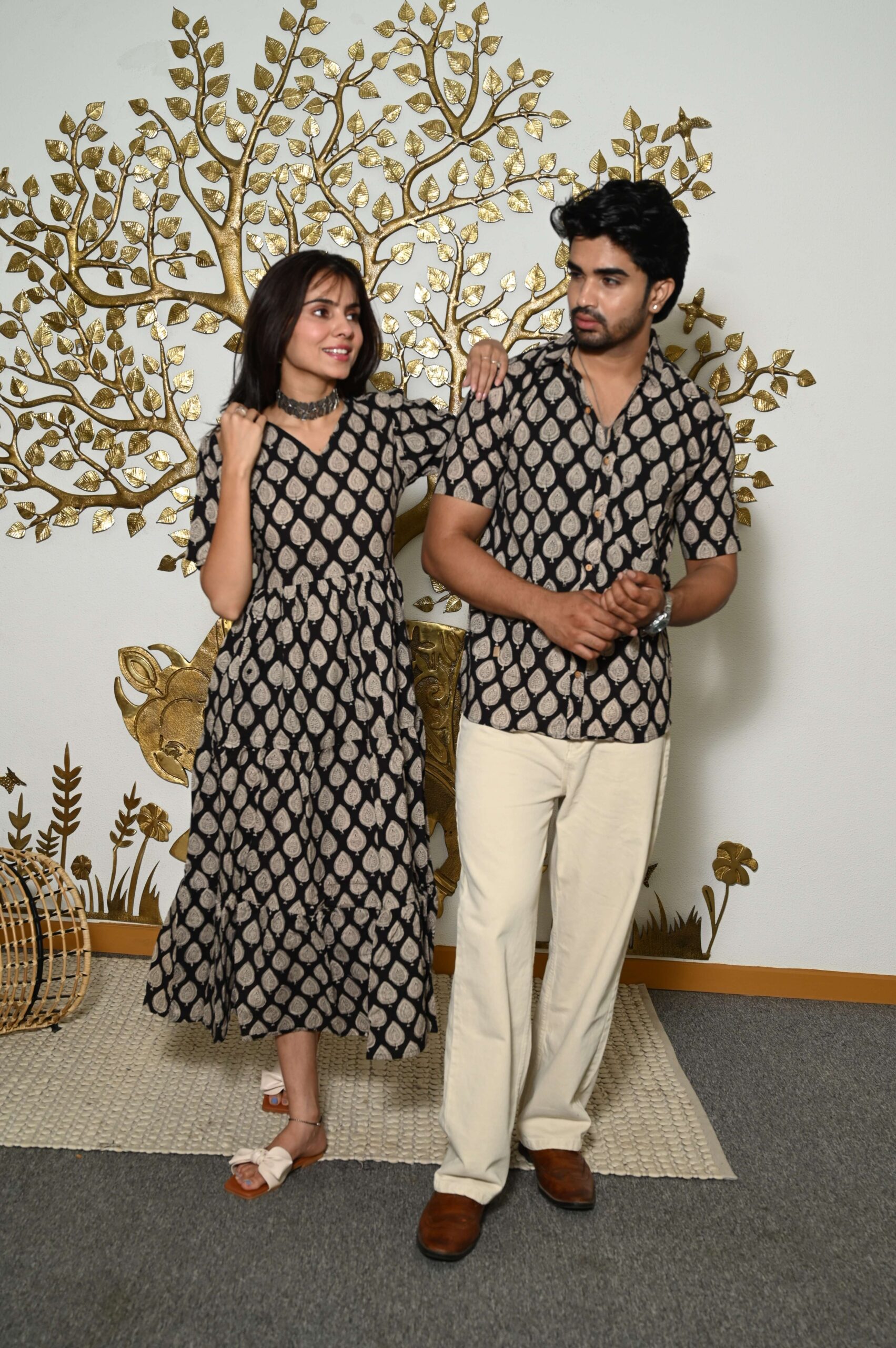 Couple Matching Black & Beige Cotton Anarkali Midi Dress and Shirt Set Leaf Print Twinning Outfit - Image 3