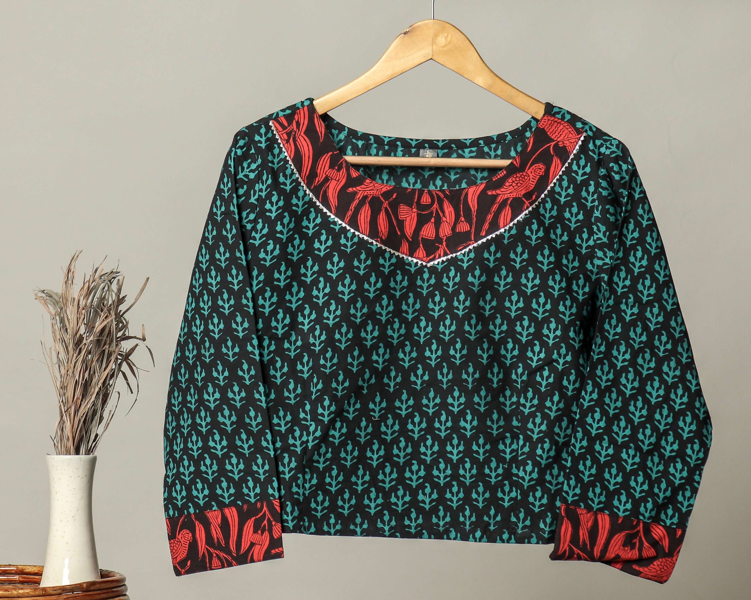 Handmade Block Print Cotton for Women Ethnic Floral Printed Top with Long Sleeves