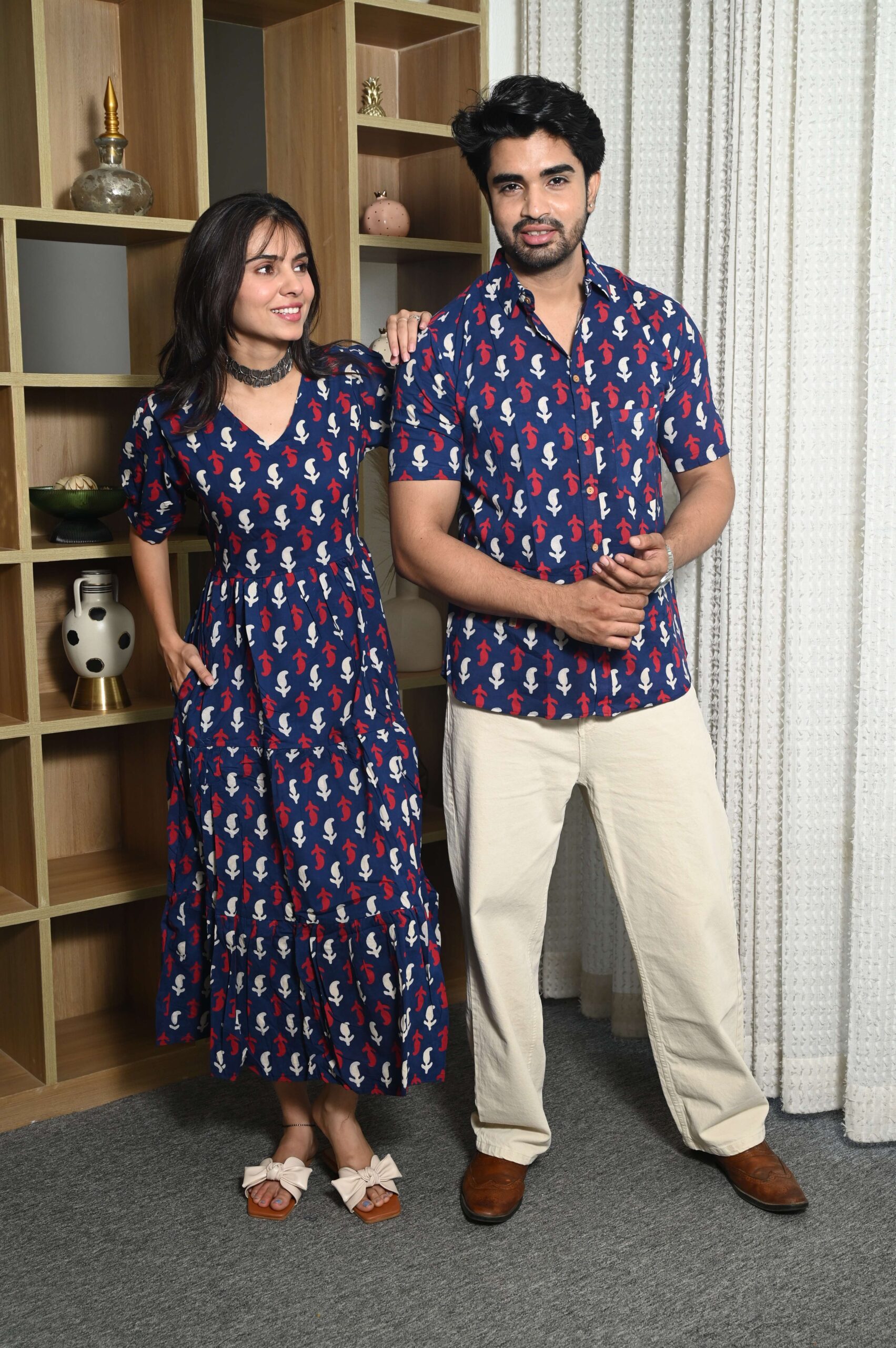 Couple Matching Navy Blue Cotton Anarkali Midi Dress and Shirt Set Red & White Abstract Print - Image 5