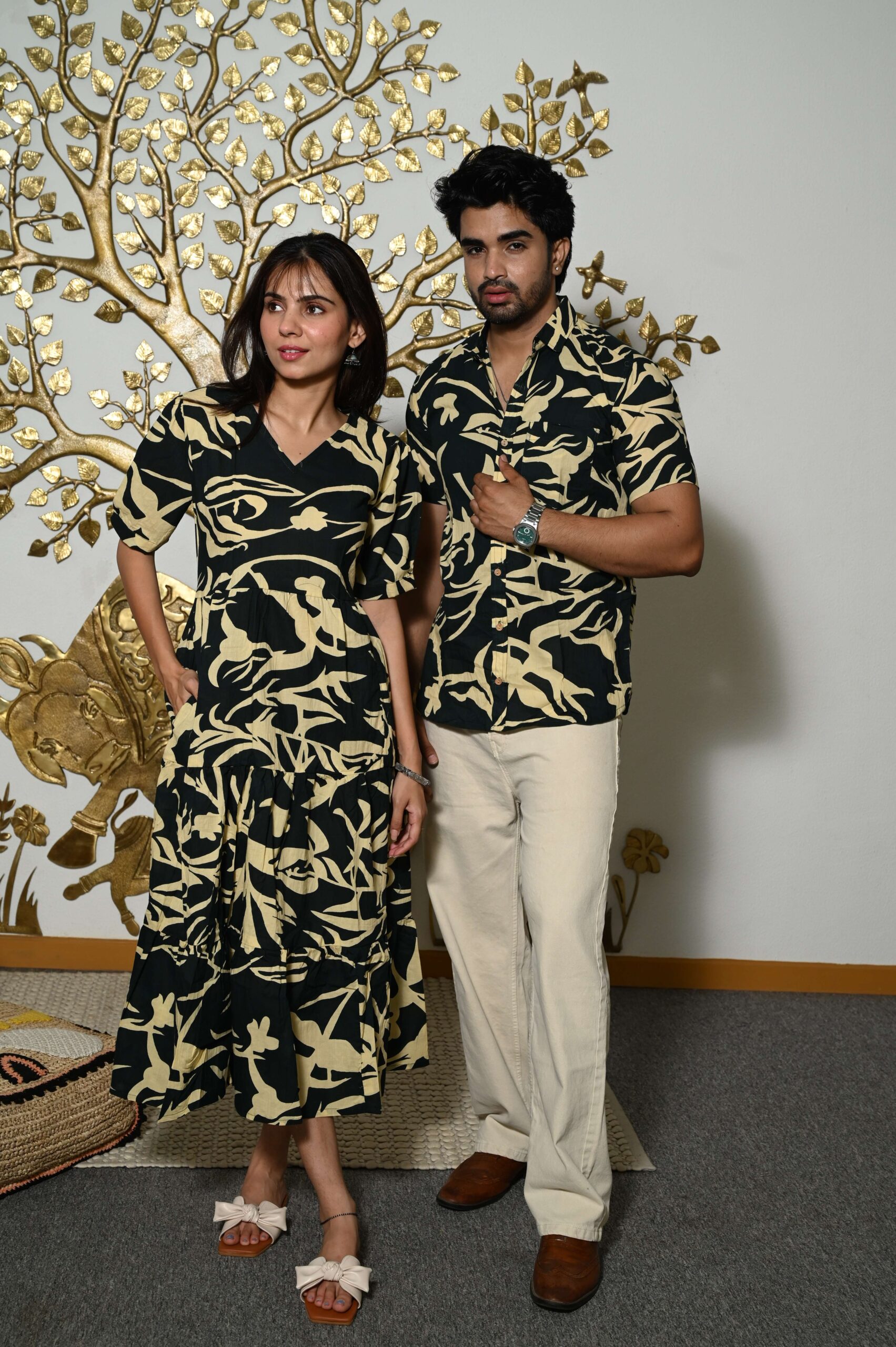 Couple Matching Black Printed Cotton Anarkali Midi Dress & Shirt Set Summer Casual Wear - Image 2