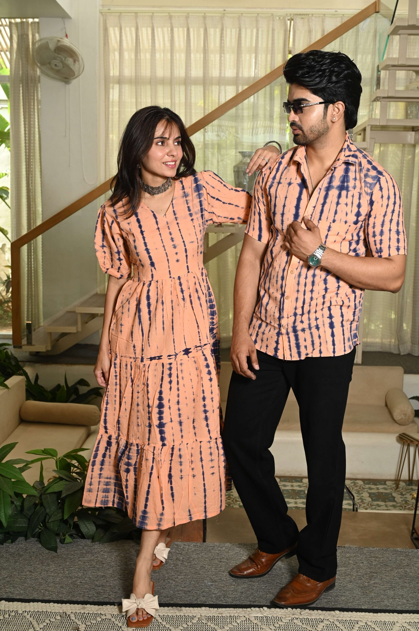 Couple Matching Peach Printed Cotton Anarkali Midi Dress & Shirt Set Summer Casual Wear - Image 2