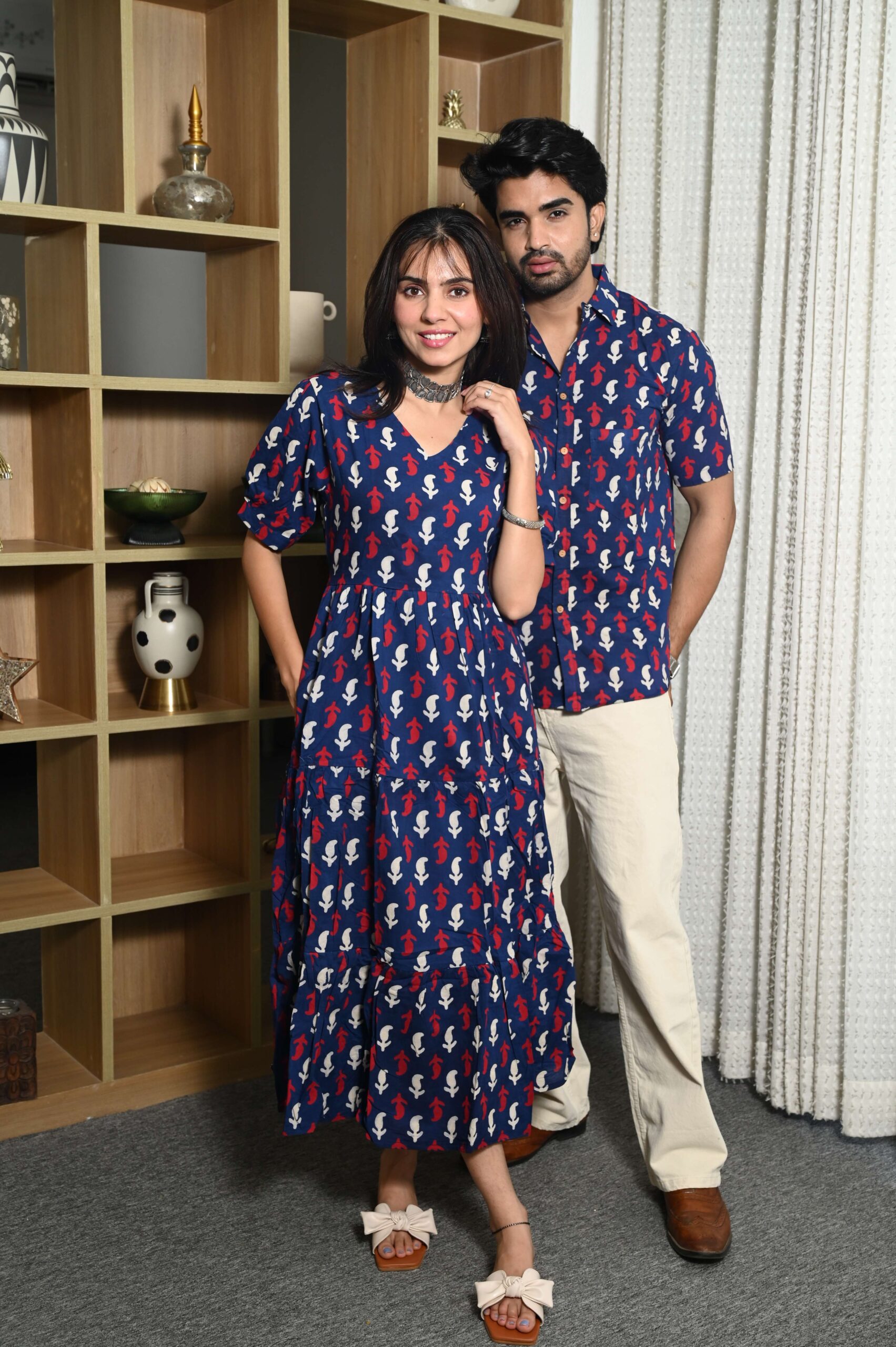 Couple Matching Navy Blue Cotton Anarkali Midi Dress and Shirt Set Red & White Abstract Print - Image 4
