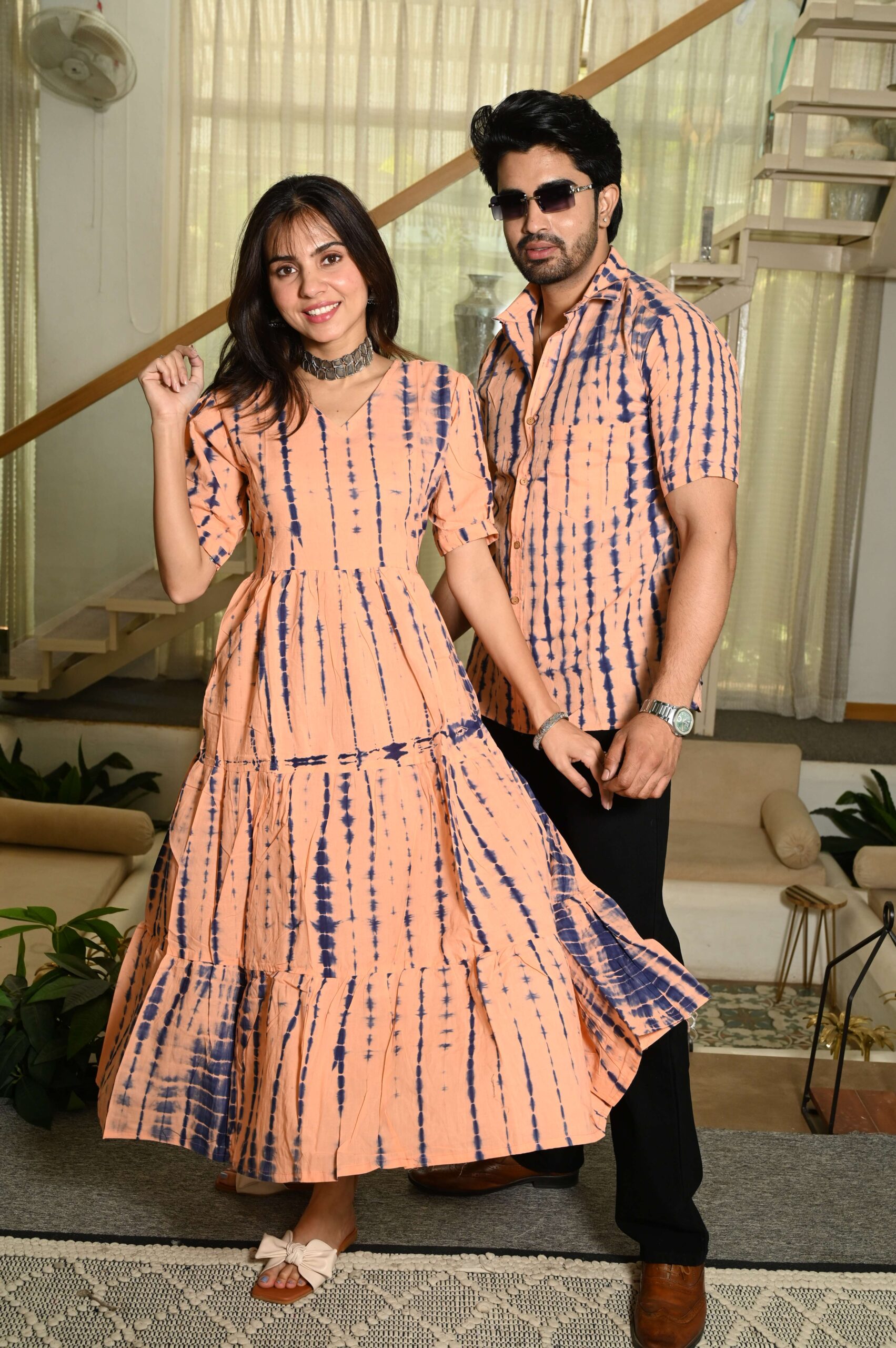 Couple Matching Peach Printed Cotton Anarkali Midi Dress & Shirt Set Summer Casual Wear - Image 4