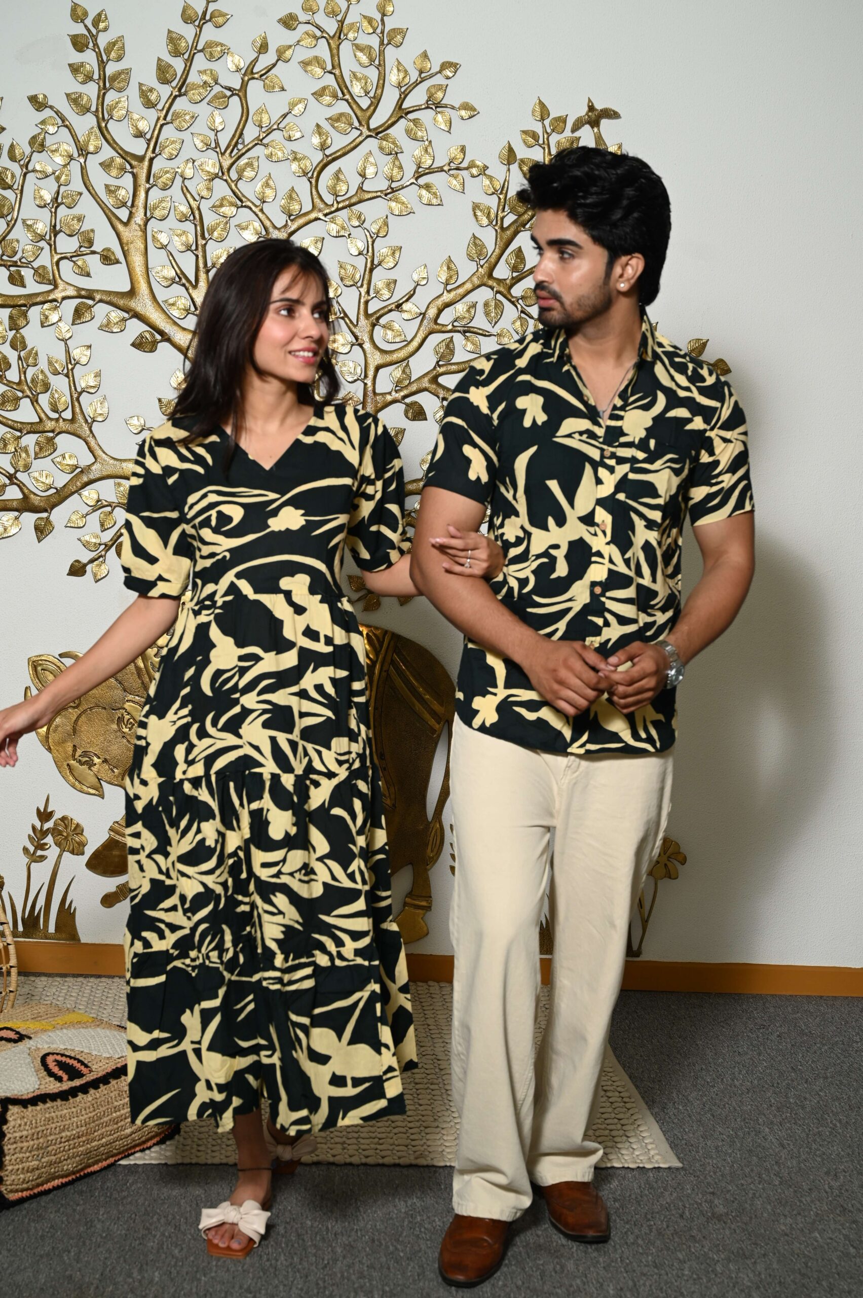 Couple Matching Black Printed Cotton Anarkali Midi Dress & Shirt Set Summer Casual Wear - Image 3