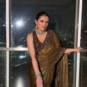 Women's Luxe Olive-Gold Silk Saree with Heavily Embellished Blouse & Border – Ideal for Evening, Wedding & Reception Wear