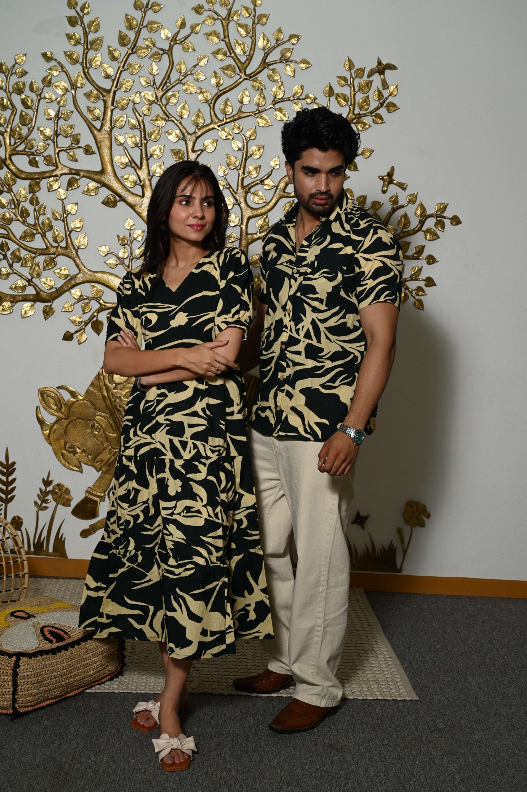 Couple Matching Black Printed Cotton Anarkali Midi Dress & Shirt Set Summer Casual Wear